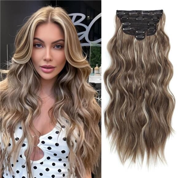 6PCS Long Wavy Curly Clip on Hair Extensions Medium Brown